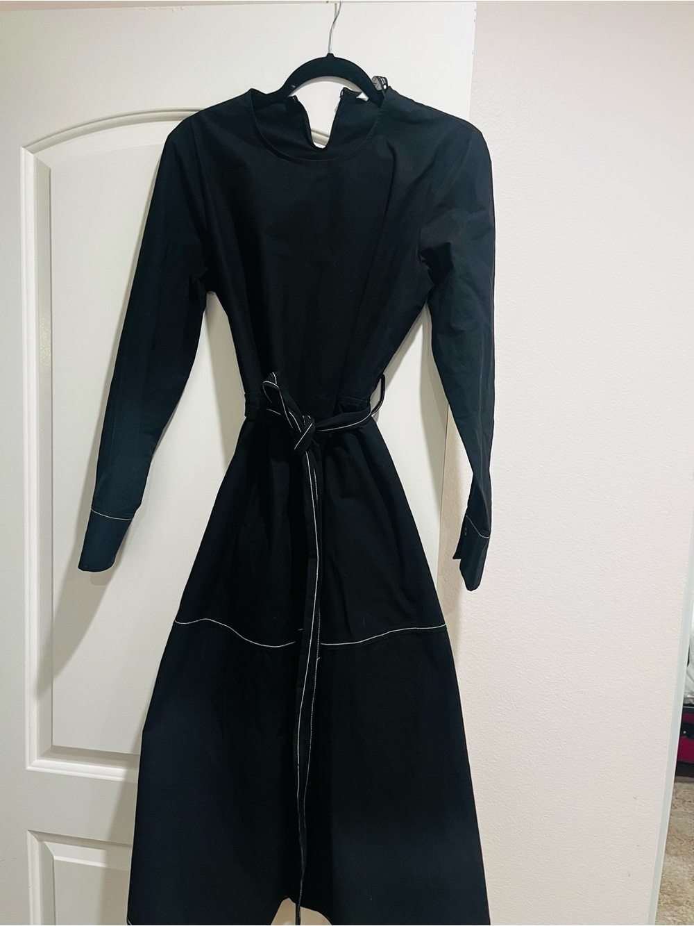 Zara Black Long-Sleeve Belted Midi Dress